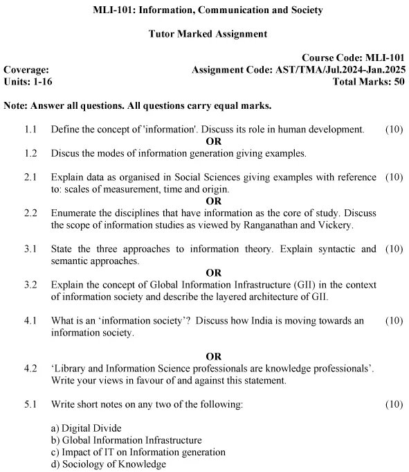 IGNOU MLI-101 - Information, Communication and Society, Latest Solved Assignment-July 2024 - January 2025