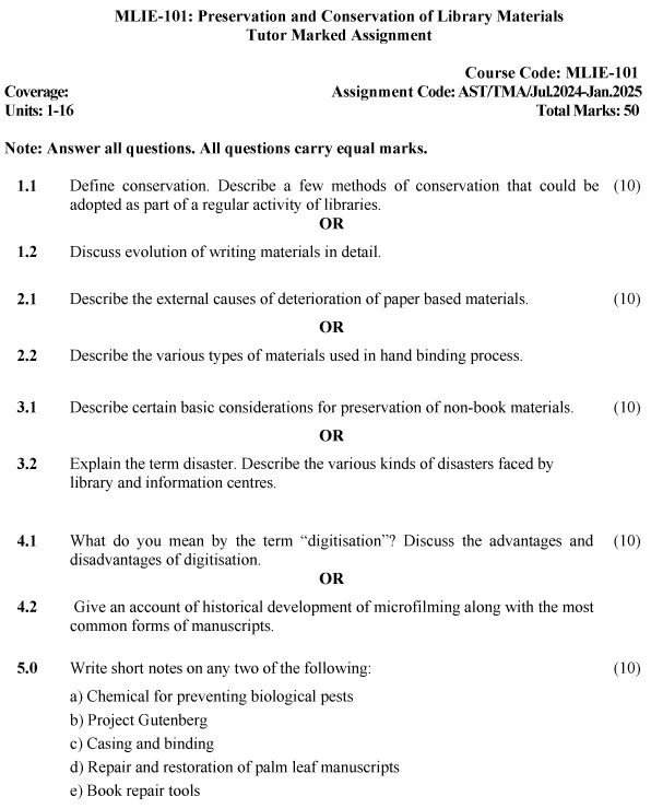 IGNOU MLIE-101 - Preservation and Conservation of Library Materials, Latest Solved Assignment-July 2024 - January 2025