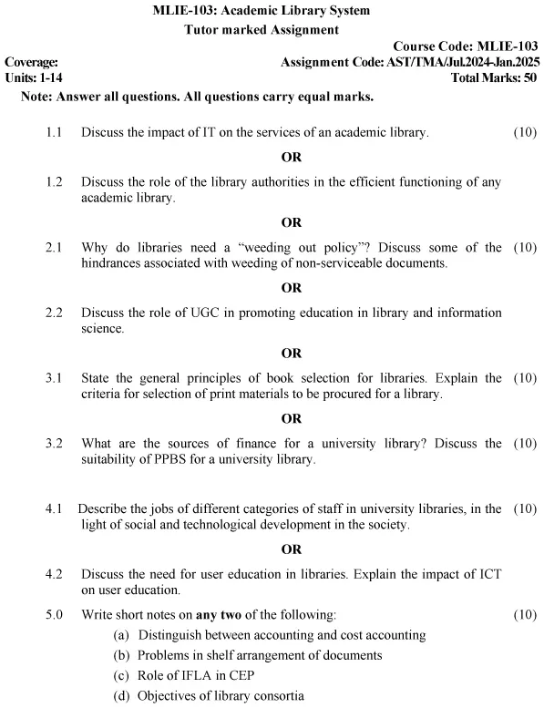 IGNOU MLIE-103 - Academic Library System, Latest Solved Assignment-July 2024 - January 2025