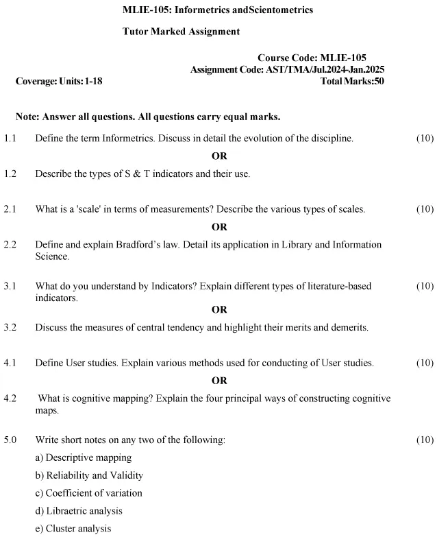 IGNOU MLIE-105 - Informatrics and Scientometrics, Latest Solved Assignment-July 2024 - January 2025