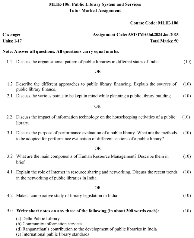 IGNOU MLIE-106 - Public Library System and Services, Latest Solved Assignment-July 2024 - January 2025