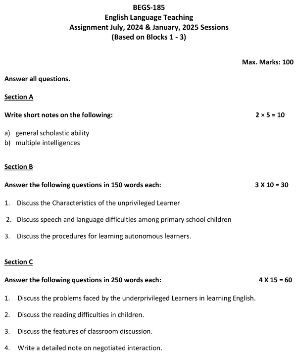 IGNOU BEGS-185 - English Language Teaching Latest Solved Assignment-July 2024 - January 2025