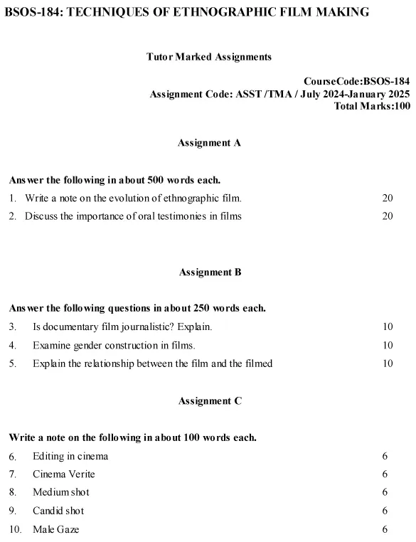 IGNOU BSOS-184 - Techniques of Ethnographic Film Making, Latest Solved Assignment-July 2024 - January 2025