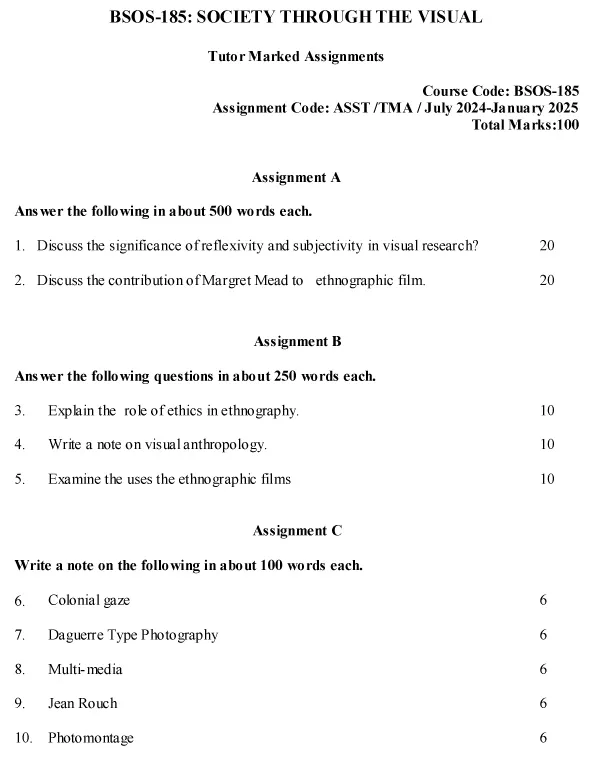 IGNOU BSOS-185 - Society through the Visual, Latest Solved Assignment-July 2024 - January 2025