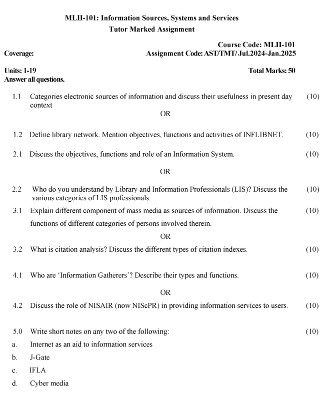 IGNOU MLII-101 - Information Sources, Systems and Services, Latest Solved Assignment-July 2024 - January 2025