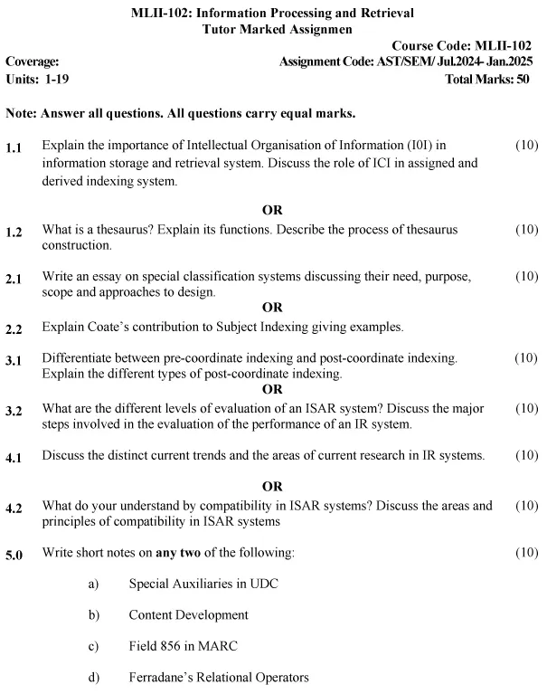 IGNOU MLII-102 - Information Processing and Retrieval, Latest Solved Assignment-July 2024 - January 2025