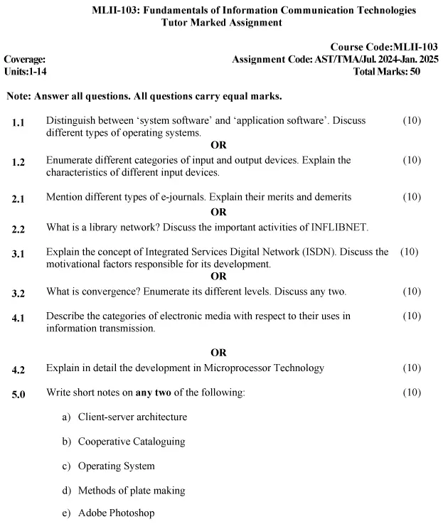 IGNOU MLII-103 - Fundamentals of Information Communication Technologies, Latest Solved Assignment-July 2024 - January 2025