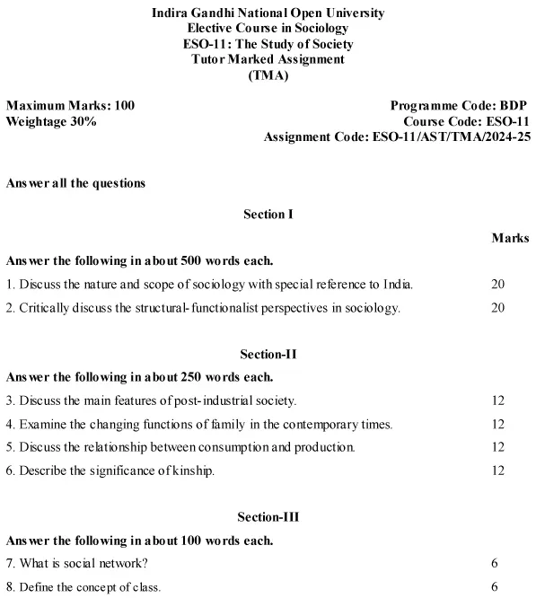 IGNOU ESO-01/11 - The Study of Society, Latest Solved Assignment-July 2024 - January 2025