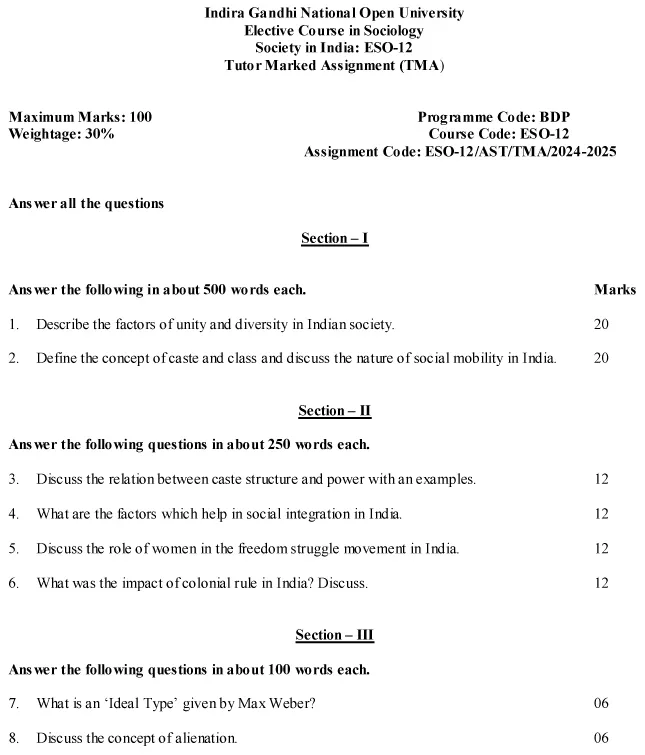 IGNOU ESO-02/12 - Society in India, Latest Solved Assignment-July 2024 - January 2025