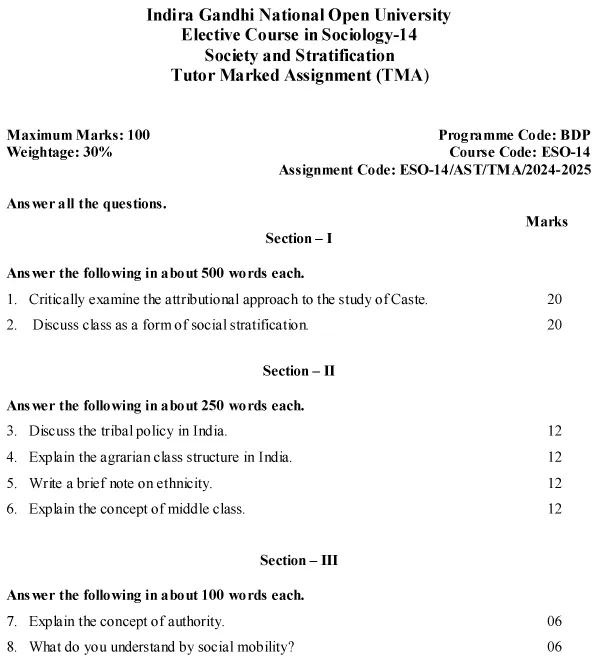 IGNOU ESO-04/14 - Society and Stratification, Latest Solved Assignment-July 2024 - January 2025