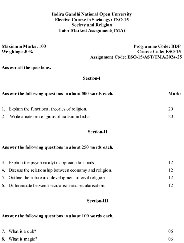 IGNOU ESO-05/15 - Society and Religion, Latest Solved Assignment-July 2024 - January 2025