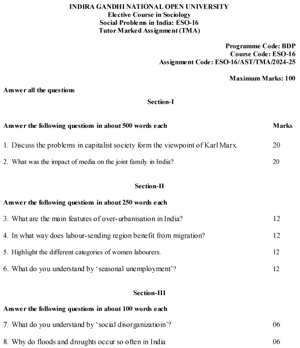 IGNOU ESO-06/16 - Social Problems in India, Latest Solved Assignment-July 2024 - January 2025