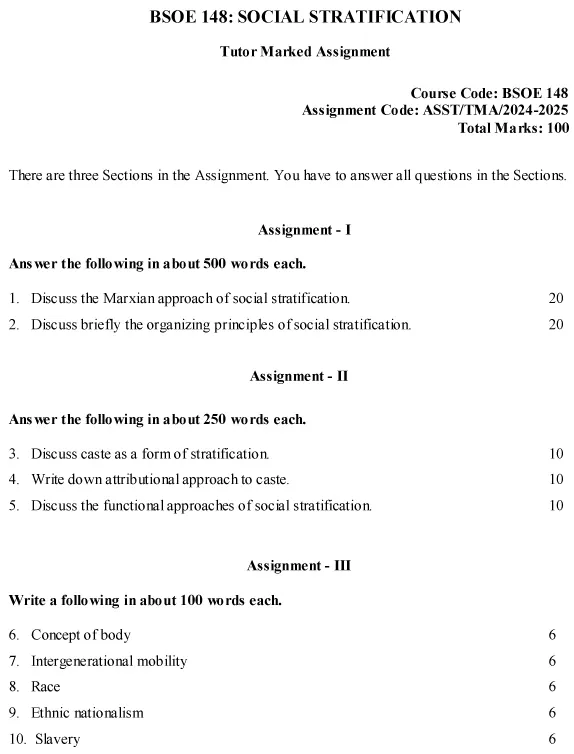 IGNOU BSOE-148 - Social Stratification, Latest Solved Assignment-July 2024 - January 2025