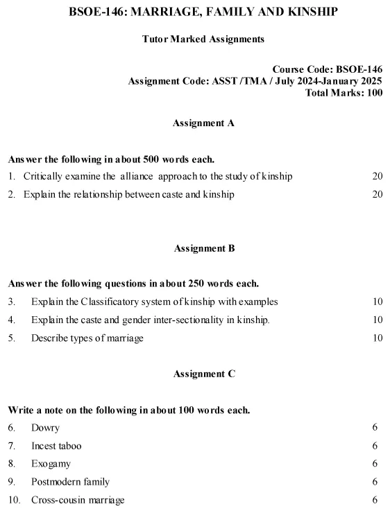 IGNOU BSOE-146 - Marriage, Family and Kinship, Latest Solved Assignment-July 2024 - January 2025