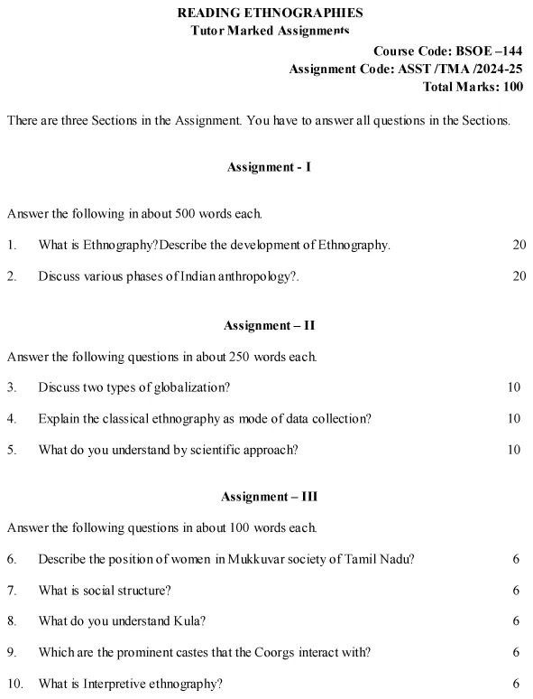 IGNOU BSOE-144 - Reading Ethnographies, Latest Solved Assignment-July 2024 - January 2025