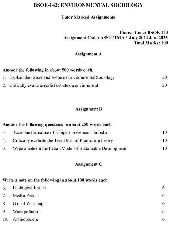 IGNOU BSOE-143 - Environmental Sociology, Latest Solved Assignment-July 2024 - January 2025