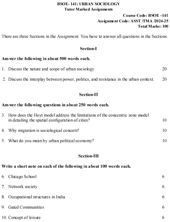 IGNOU BSOE-141 - Urban Sociology, Latest Solved Assignment-July 2024 - January 2025