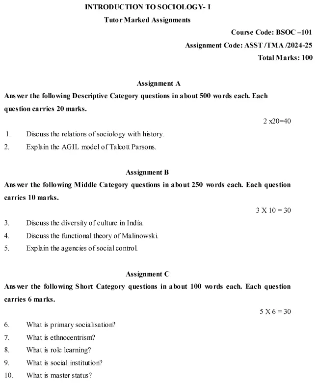 IGNOU BSOC-101 - Introduction to Sociology-I, Latest Solved Assignment-July 2024 - January 2025