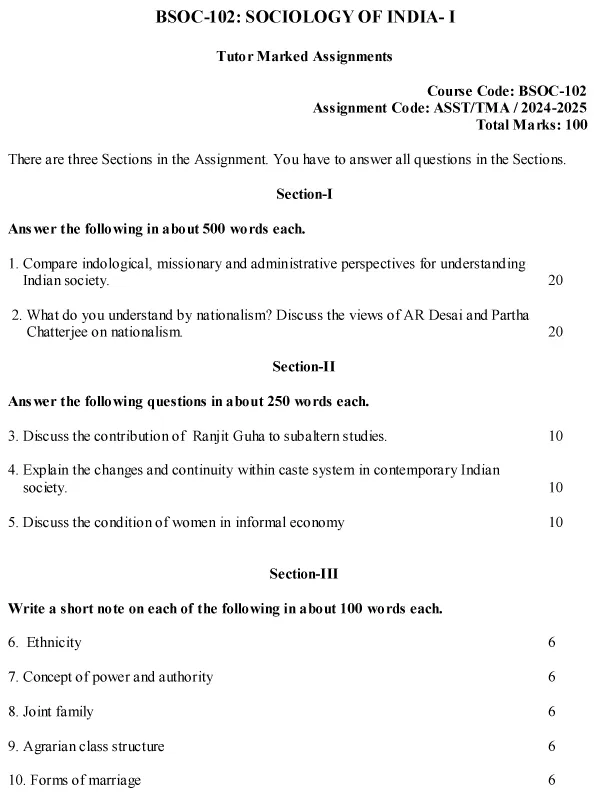 IGNOU BSOC-102 - Sociology of India-I, Latest Solved Assignment -July 2024 - January 2025