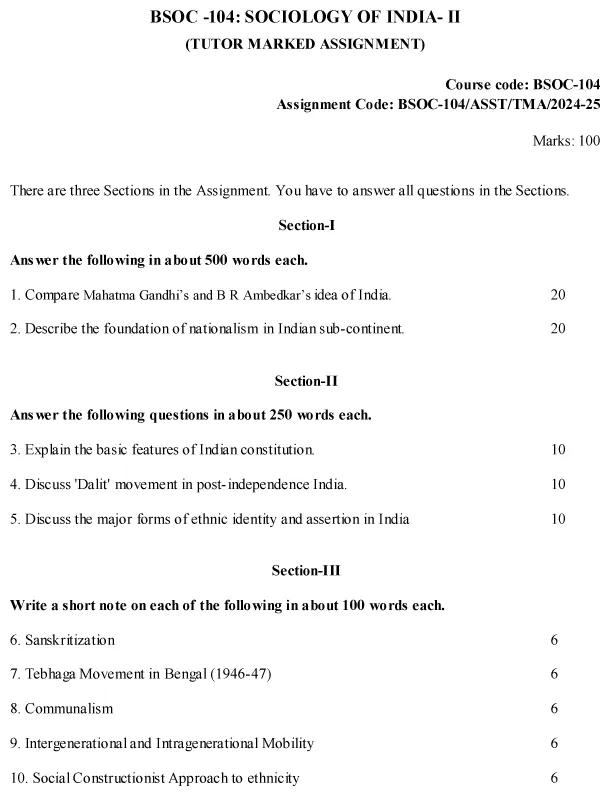 IGNOU BSOC-104 - Sociology of India-II, Latest Solved Assignment-July 2024 - January 2025