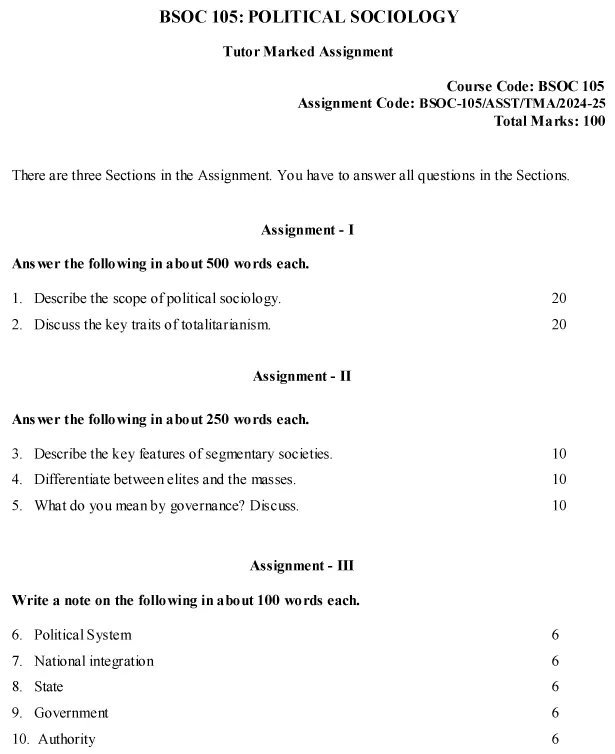 IGNOU BSOC-105 - Political Sociology, Latest Solved Assignment -July 2024 - January 2025