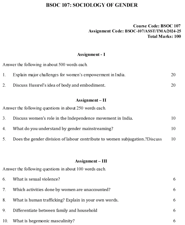 IGNOU BSOC-107 - Sociology of Gender, Latest Solved Assignment-July 2024 - January 2025