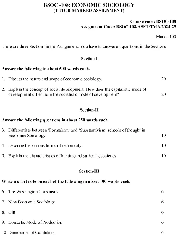 IGNOU BSOC-108 - Economic Sociology, Latest Solved Assignment-July 2024 - January 2025