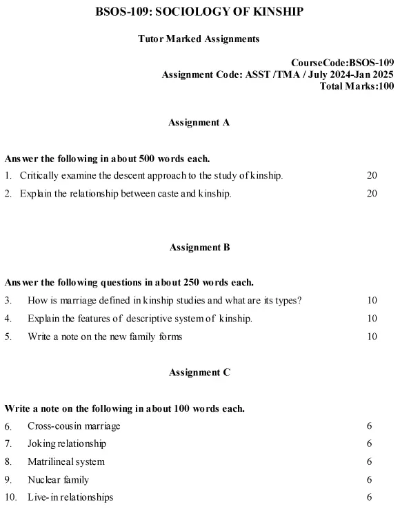 IGNOU BSOC-109 - Sociology of Kinship, Latest Solved Assignment -July 2024 - January 2025