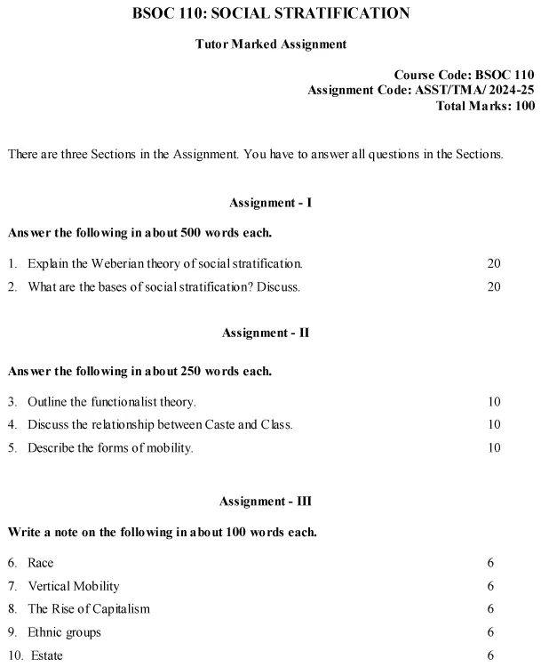 IGNOU BSOC-110 - Social Stratification, Latest Solved Assignment-July 2024 - January 2025