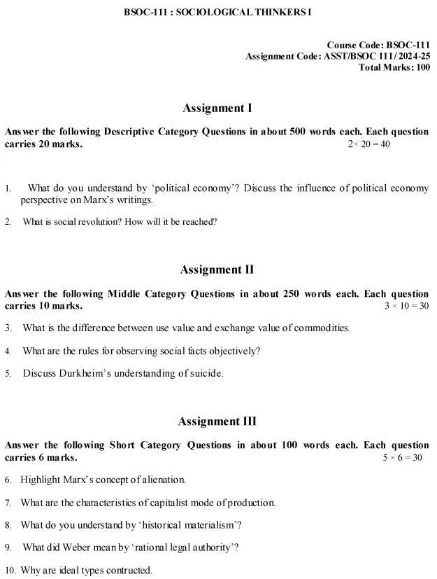 IGNOU BSOC-111 - Sociological Thinkers -I Latest Solved Assignment-July 2024 - January 2025