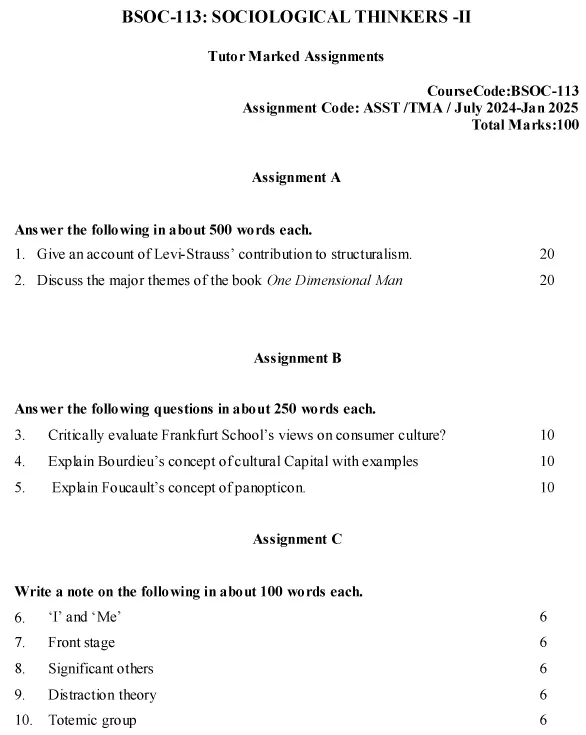 IGNOU BSOC-113 - Sociological Thinkers -II  Latest Solved Assignment-July 2024 - January 2025