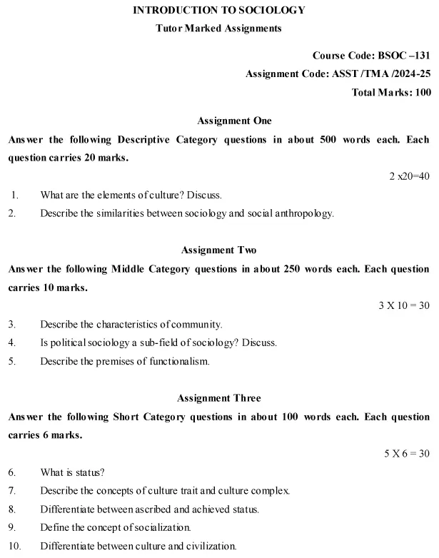 IGNOU BSOC-131 - Introduction to Sociology, Latest Solved Assignment-July 2024 - January 2025