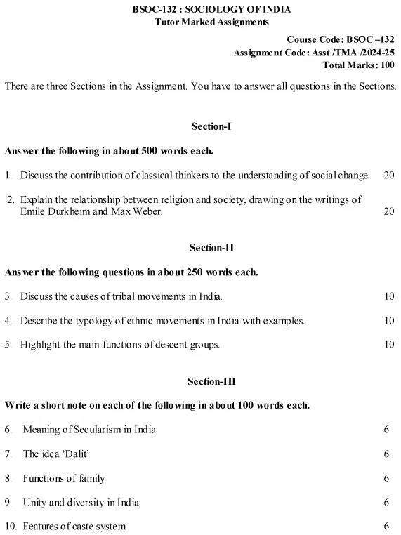 IGNOU BSOC-132 - Sociology of India, Latest Solved Assignment-July 2024 - January 2025