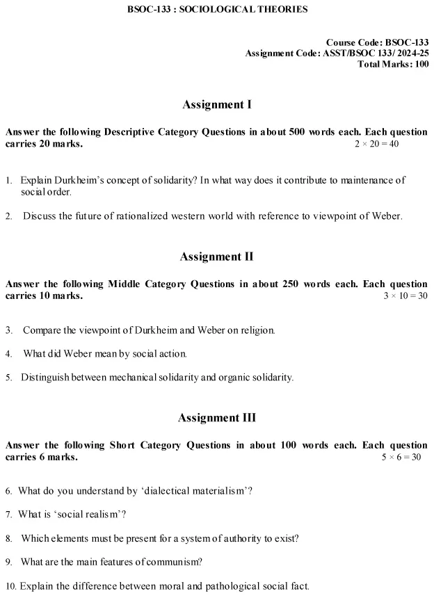 IGNOU BSOC-133 - Sociological Theories, Latest Solved Assignment -July 2024 - January 2025