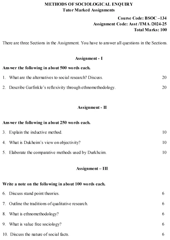 IGNOU BSOC-134 - Methods of Sociological Enquiry, Latest Solved Assignment-July 2024 - January 2025