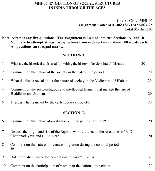 IGNOU MHI-06 - Evolution of Social Structures in India Through the Ages Latest Solved Assignment-July 2024 - January 2025