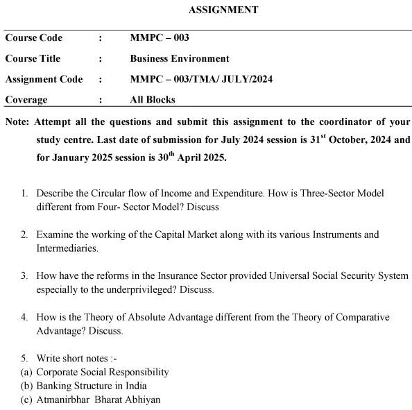 IGNOU MMPC-03 - Business Environment, Latest Solved Assignment-July 2024 - January 2025