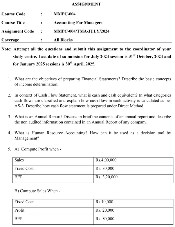 IGNOU MMPC-04 - Accounting for Managers, Latest Solved Assignment-July 2024 - January 2025