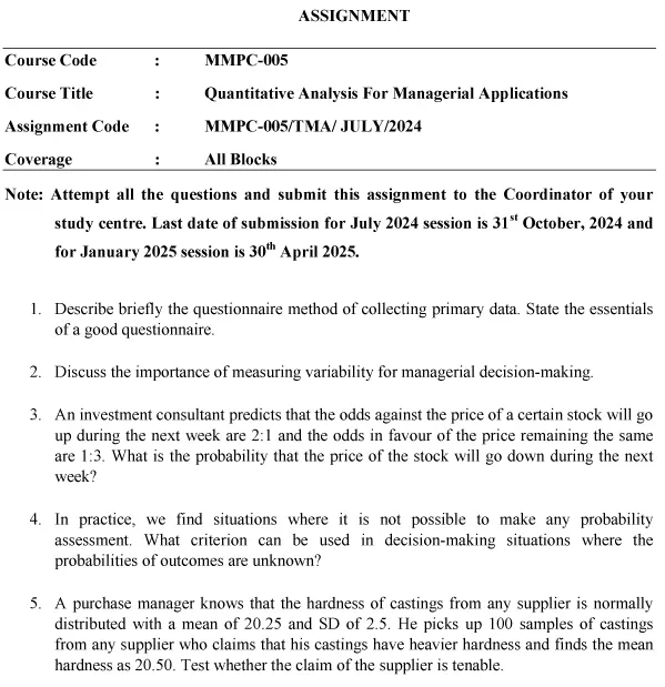 IGNOU MMPC-05 - Quantitative Analysis for Managerial Applications, Latest Solved Assignment-July 2024 - January 2025