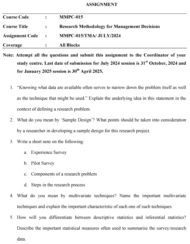 IGNOU MMPC-15 - Research Methodology for Management Decisions Latest Solved Assignment-July 2024 - January 2025