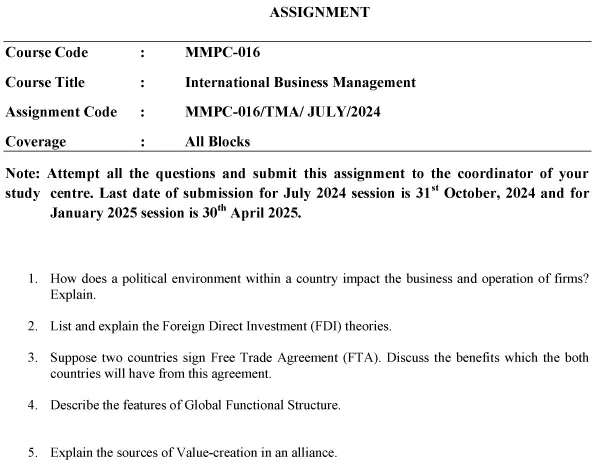 IGNOU MMPC-16 - International Business Management  Latest Solved Assignment-July 2024 - January 2025