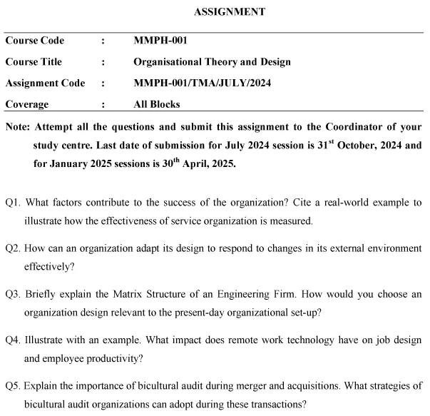 IGNOU MMPH-01 - Organisational Theory and Design Latest Solved Assignment -July 2024 - January 2025