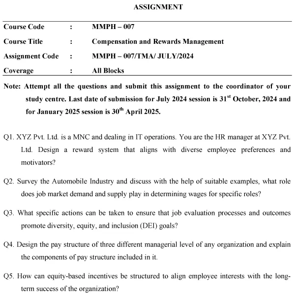 IGNOU MMPH-07 - Compensation and Rewards Management Latest Solved Assignment-July 2024 - January 2025