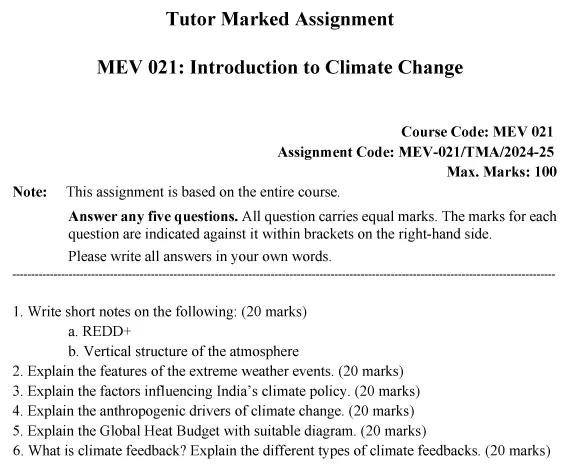 IGNOU MEV-21 - Introduction to Climate Change Latest Solved Assignment-July 2024 - January 2025