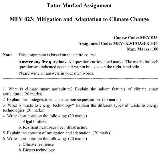 IGNOU MEV-23 - Mitigation and adaptation to Climate Change Latest Solved Assignment-July 2024 - January 2025