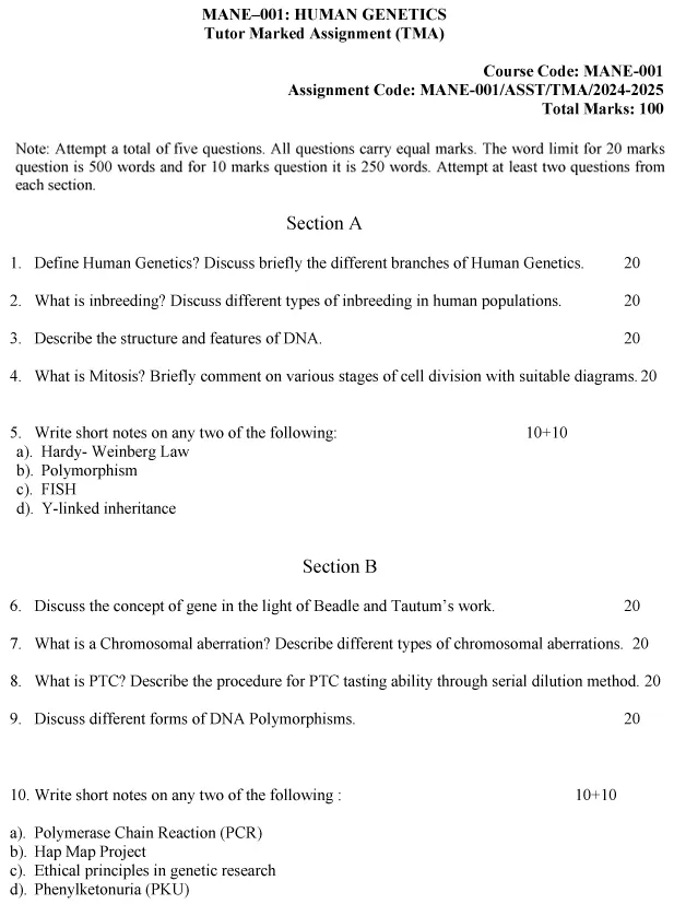 IGNOU MANE-01 - Human Genetics, Latest Solved Assignmen-July 2024 - January 2025