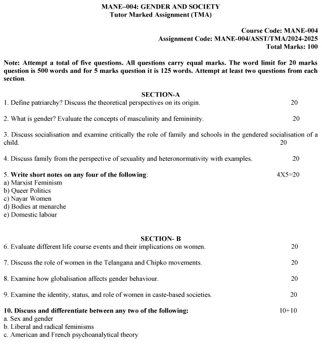 IGNOU MANE-04 - Gender and Society, Latest Solved Assignment-July 2024 - January 2025