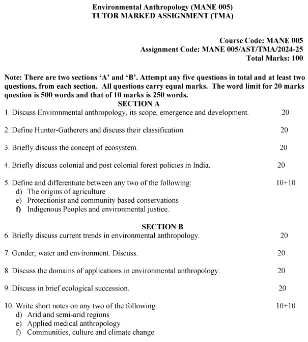 IGNOU MANE-05 - Environmental Anthropology, Latest Solved Assignment-July 2024 - January 2025