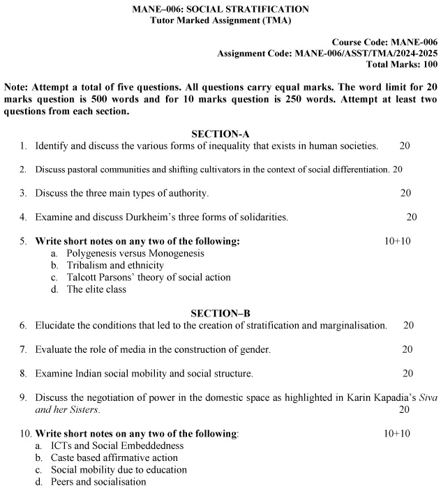 IGNOU MANE-06 - Social Stratification, Latest Solved Assignment-July 2024 - January 2025