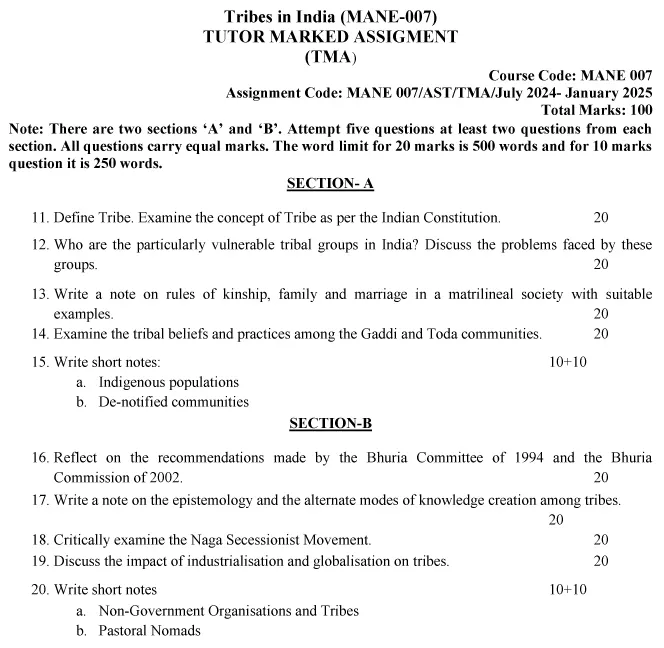 IGNOU MANE-07 - Tribes in India, Latest Solved Assignment-July 2024 - January 2025